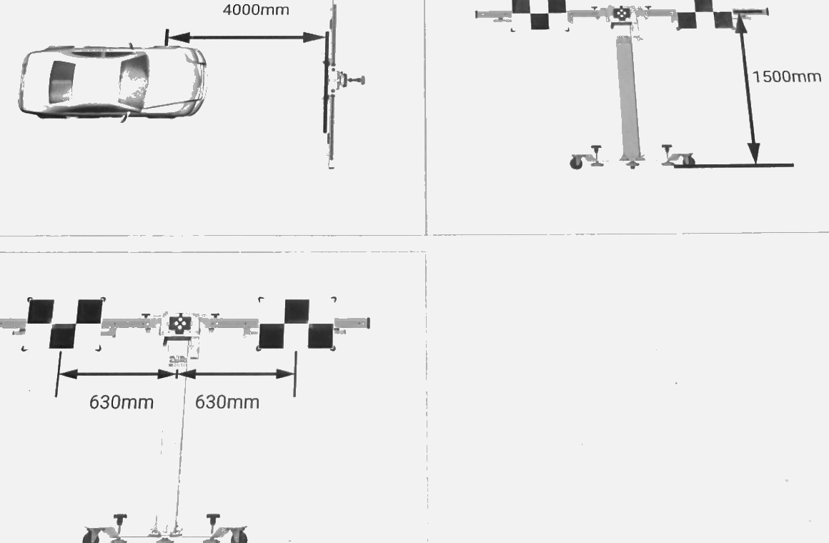 Manufacturer calibration setup diagram showing target distance of 4000mm, target height of 1500mm, and 630mm panel spacing