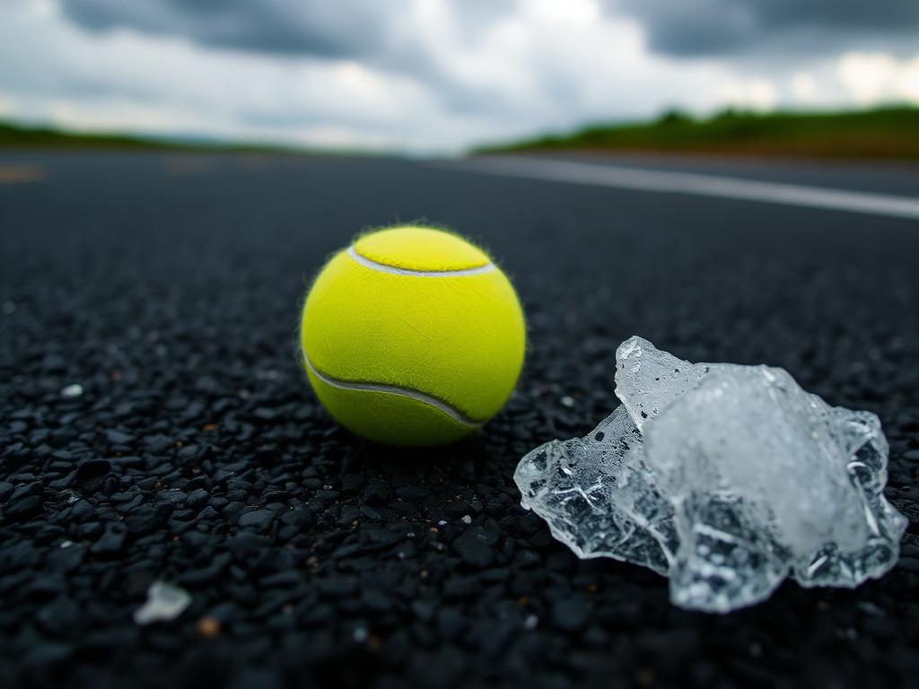 A tennis ball next to a piece of hail roughly the same size