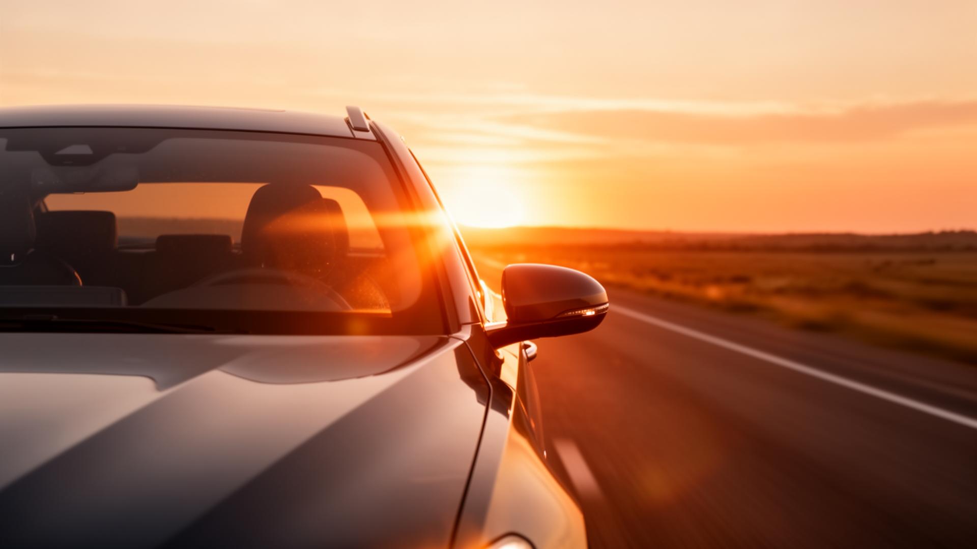 Car driving into the sunset with sun glaring through the windshield